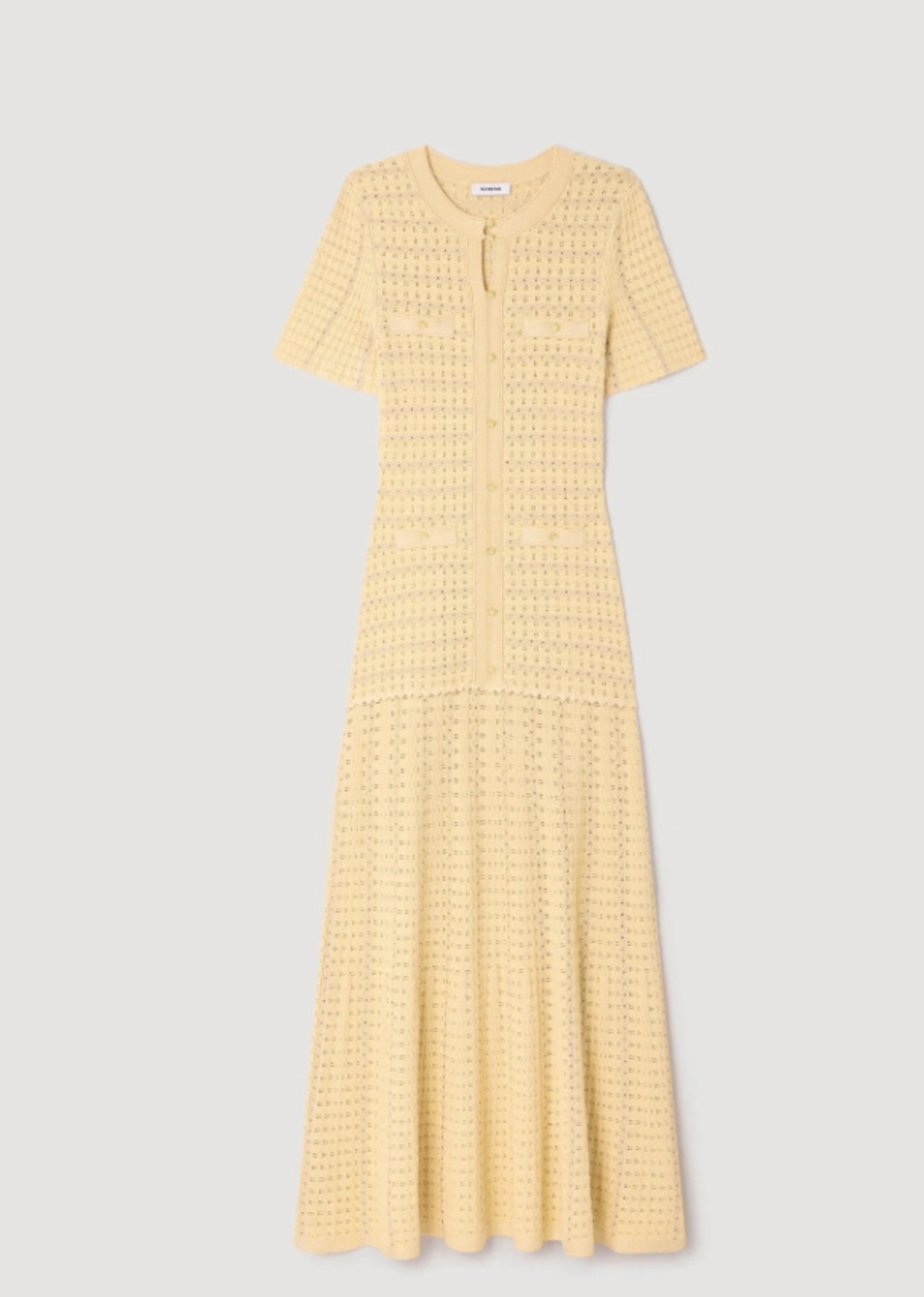 🟡Sandro Yellow Textured Knit Midi Dress Button Front Faux Pockets - Picture 8 of 12